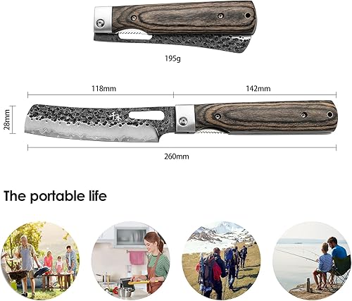 Miniatura 2 de SENBON Cuchillo de chef plegable afilado de acero inoxidable 440 forjado, cuchillo de utilidad para pelar, cuchillo de fruta, mango de madera