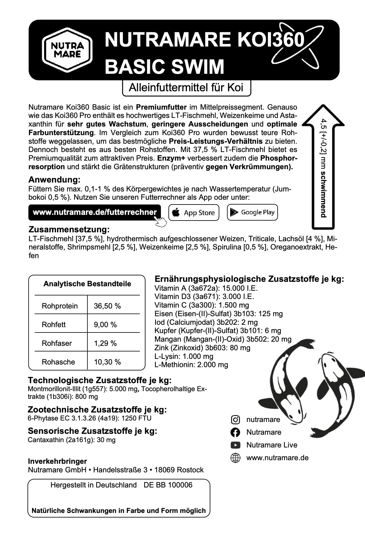 Koi360 Basic Swim 10kg | Schwimmendes Koi-Fischfutter für Frühjahr & Sommer | Mit Lachsöl & Montillit Aktivton | Ganzjahresfutter