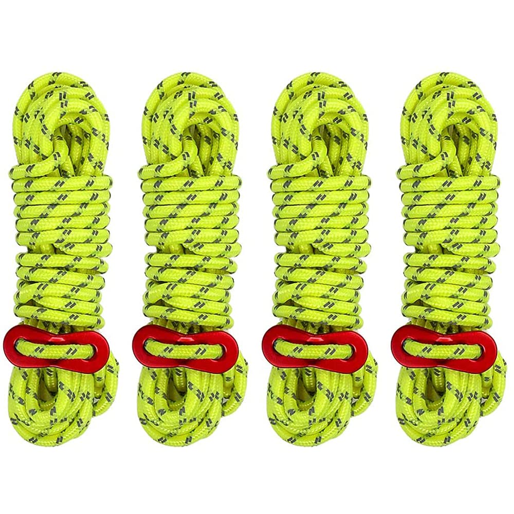 Tiardey 4pz 4MM 13 FT Corda in Nylon,Corda per Tenda con Regolatore per Corda da Soffitto in Lega di Alluminio Ultraleggero Adatto per Campeggio Escursionismo Zaino in Spalla - Verde Fluorescente