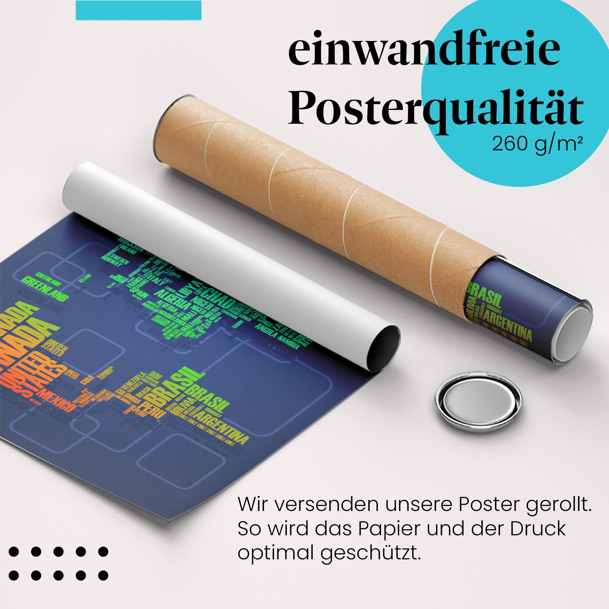 Postereck - 0925 - Moderne Schrift Welkarte, Bunt Länder Kontinente - Unterricht Klassenzimmer Schule Wandposter Fotoposter Bilder Wandbild Wandbilder - Leinwand - 100,0 cm x 75,0 cm