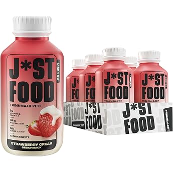 J*ST FOOD Strawberry Cream Trinkmahlzeit &ndash; 6&times;500ml &ndash; 34g Protein, 26 Vitamine & Mineralstoffe, Laktosefrei, Ohne Zuckerzusatz