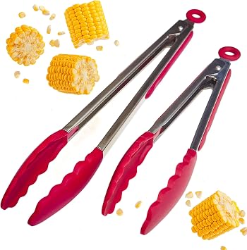 StarPack Premium Silicone Kitchen Tongs Set of 2 9-Inch & 12-Inch - Stainless Steel with Non-Stick Silicone Tips, High Heat Resistant to 480F, For Cooking, Serving, Grill, BBQ & Salad Cherry Red