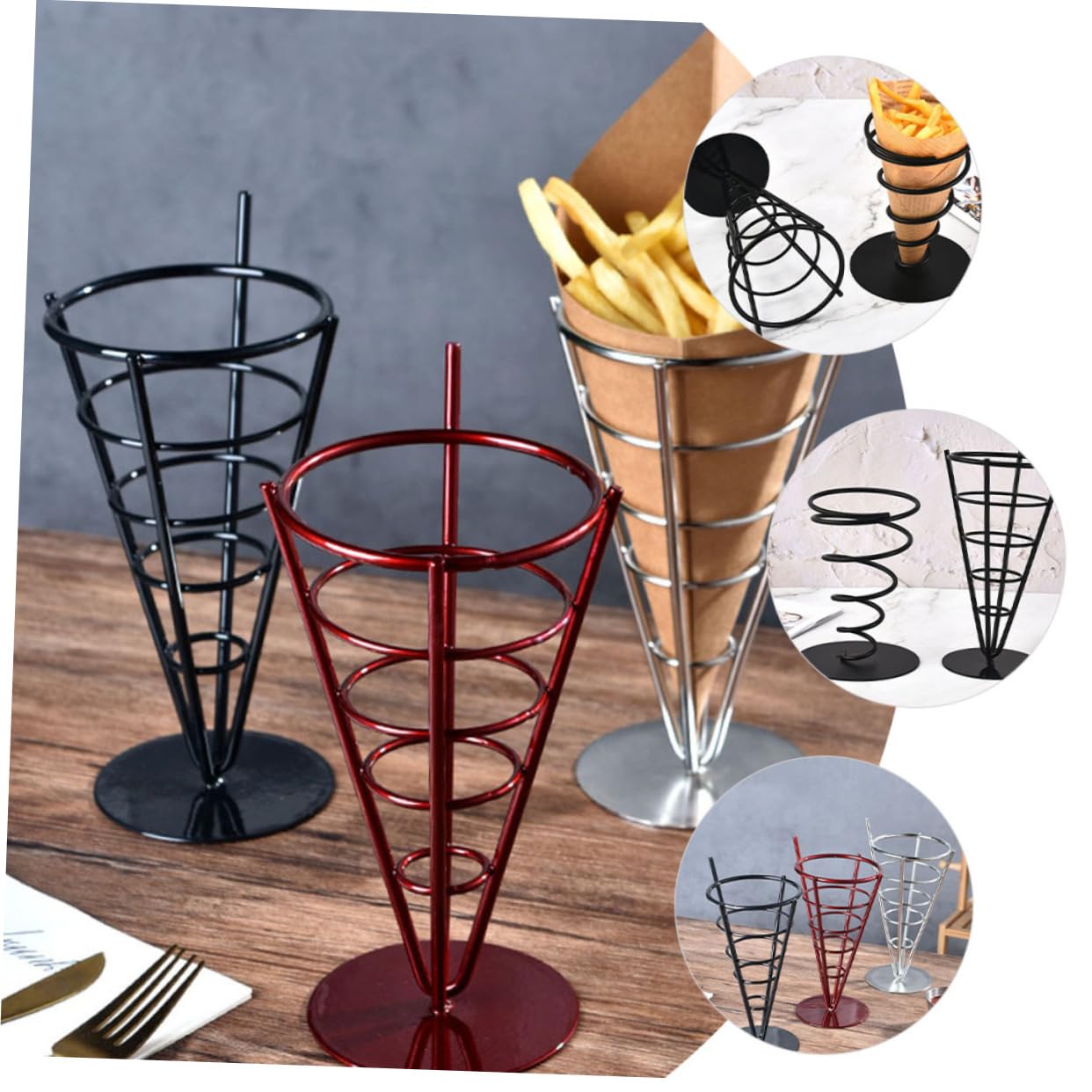 GRIRIW Black Snack Stands Snack Stand French Fries Chips Holder Appetizer Serving Basket Stainless Steel