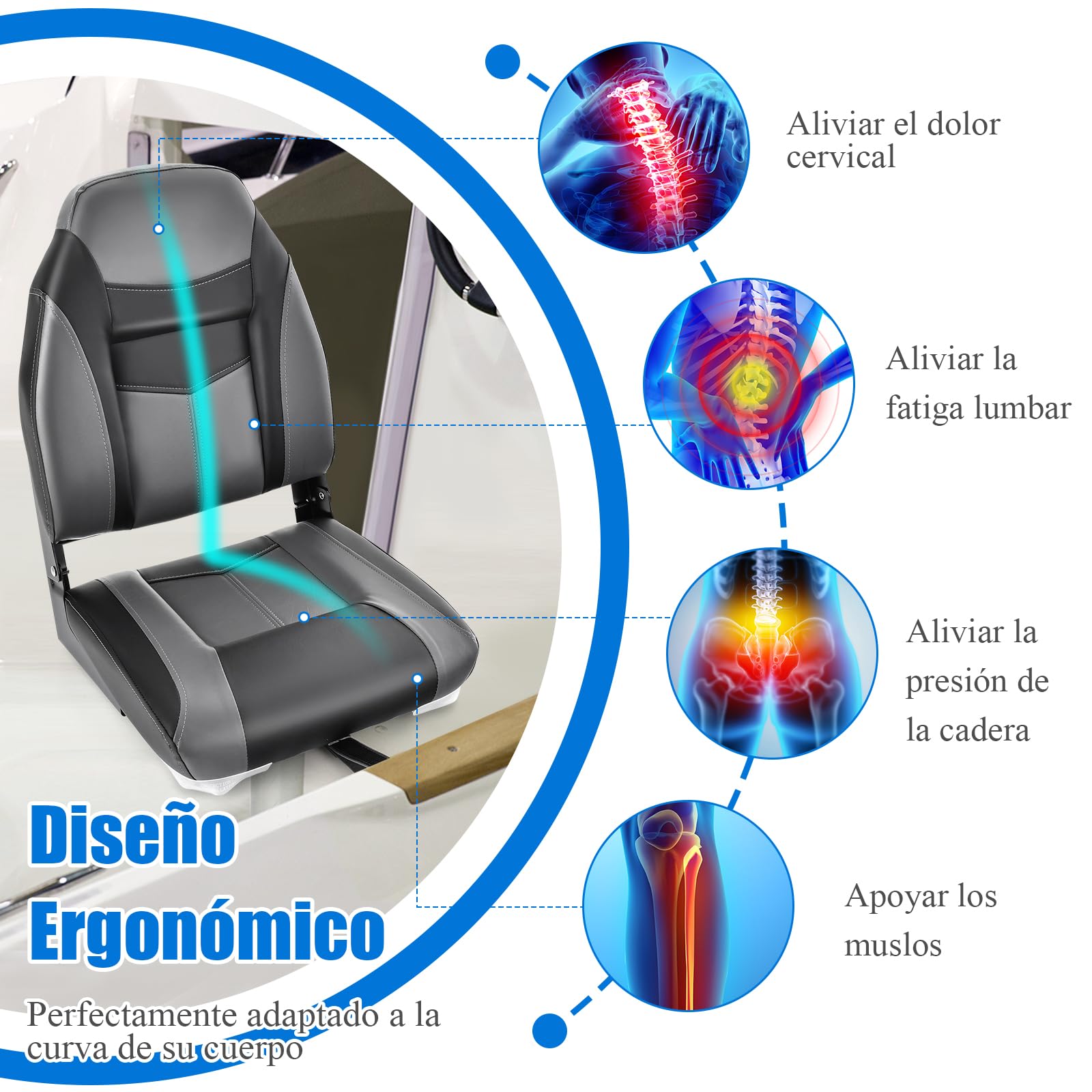 GOPLUS Juego de 2 Asientos de Barco 1PC Asiento de Pesca Plegable con Cojín Acolchado Suave y Costuras Reforzadas, Diseño Ergonómico 115KG de Capacidad para la Pesca en Yate (Negro)