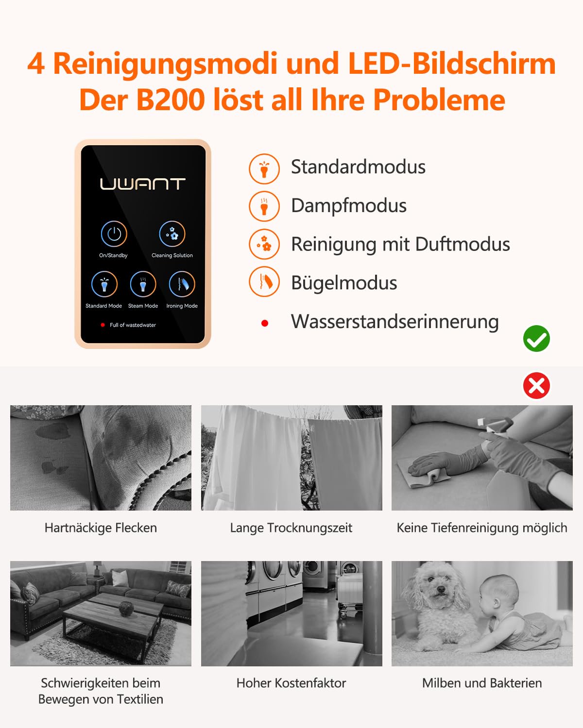 Uwant B200, Polsterreiniger Gerät, 1900W | Dampft, Schrubbt und Saugt | Für Teppiche, Sofas, Vorhänge, Kleidung | 74DB, 12000Pa