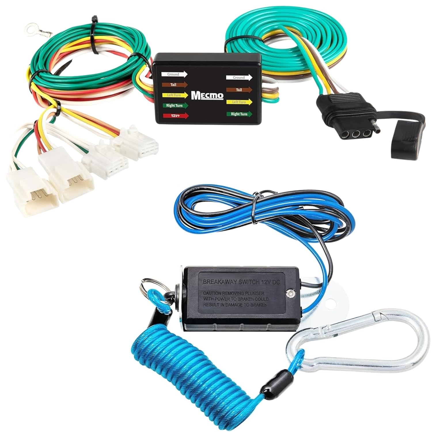 MECMO Vehicle-Side Custom 4-Pin Trailer Wiring Harness 56033, for Select Infiniti G25, G35, G37, Q60, Nissan Rogue w/Breakaway Switch 4ft Brake Away Coiled Cable Large Carabiner for RV Camper
