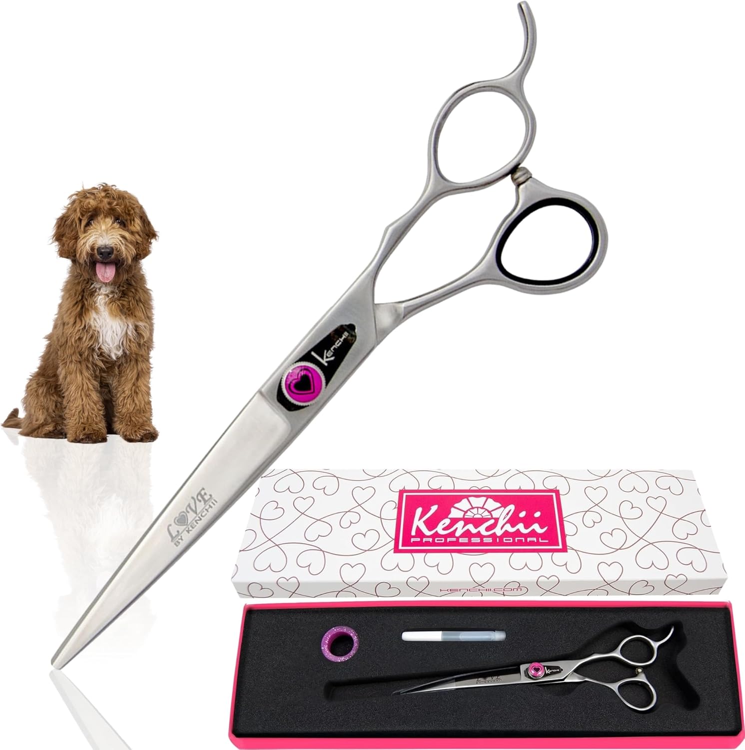 Kenchii Love Dog Grooming Scissors, 7 Inch Straight Shears, Dog Scissors for Grooming, Professional Pet Grooming Scissors, Ergonomic & Comfortable