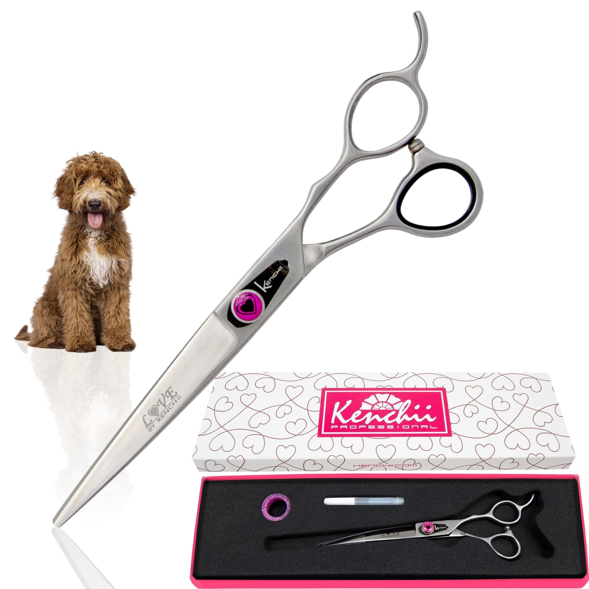 Kenchii Love Dog Grooming Scissors, 7 Inch Straight Shears, Dog Scissors for Grooming, Professional Pet Grooming Scissors, Ergonomic & Comfortable
