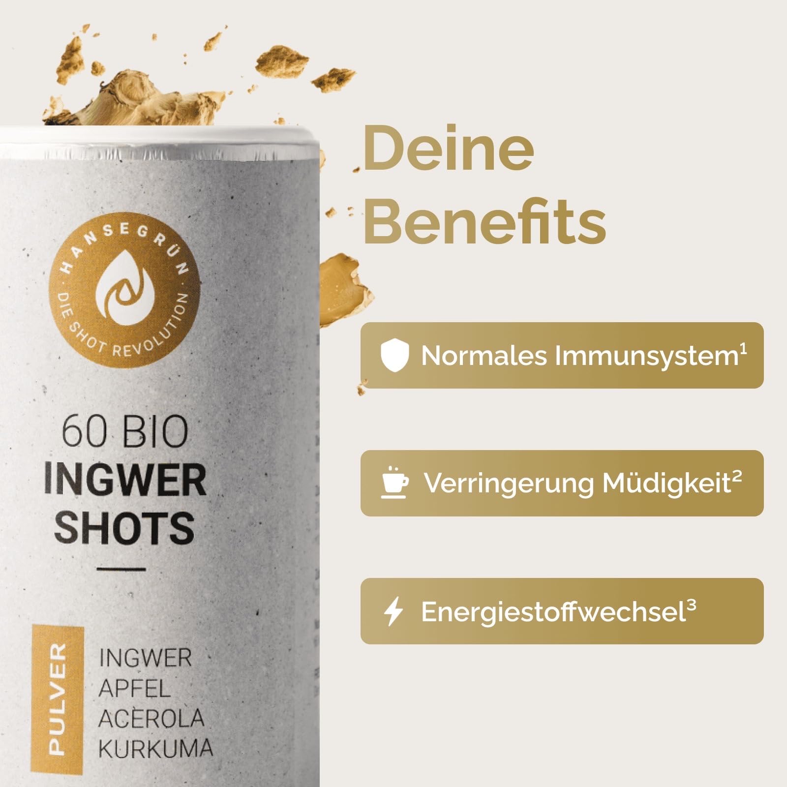 Hansegrün - Bio Ingwer Kurkuma Shots (60 Stk.) - Veganes Superfood-Pulver für Immungsystem¹ & Energiestoffwechsel² - Kurkuma, Zitronenschale & Acerola - 100% echte Zutaten zur täglichen Zubereitung