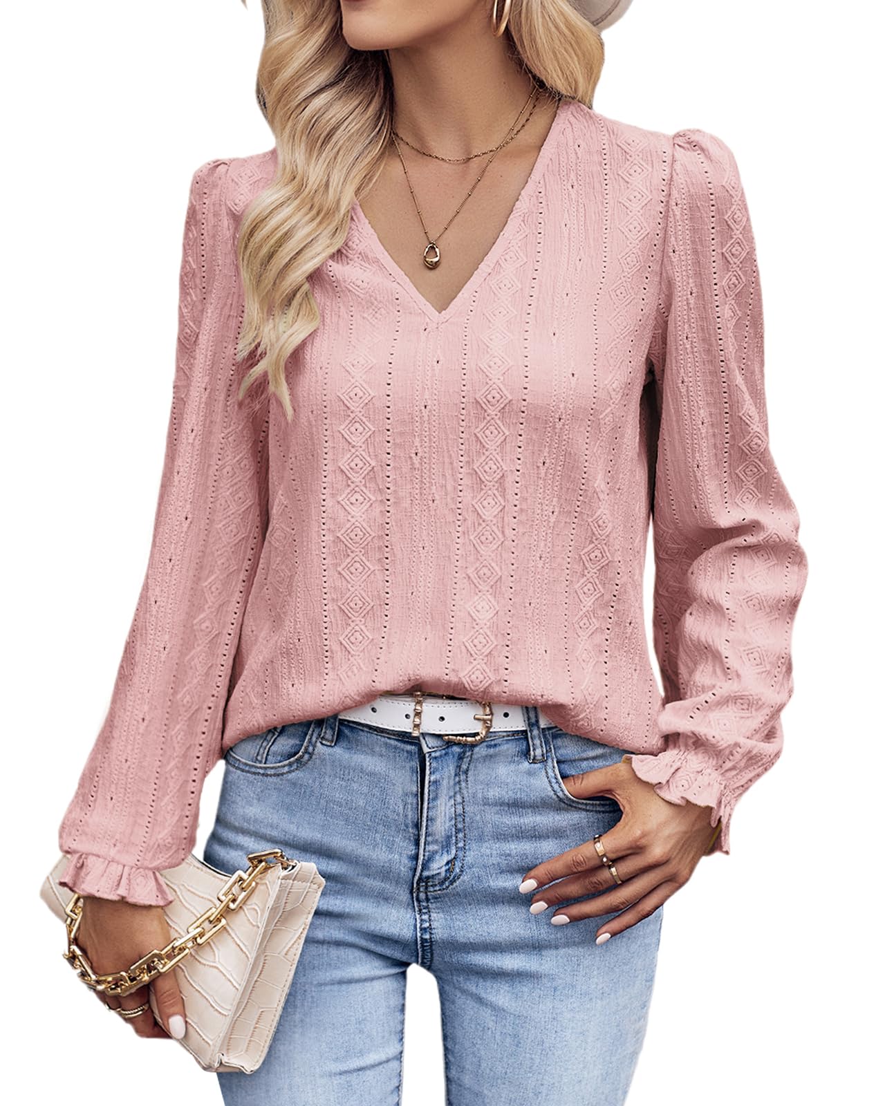 Tanmolo Langarmshirt Damen Bluse Elegant Langarm Pullover V-Ausschnitt Tunika Lässige Oberteile Puffärmel Blusenshirt Basic Tops