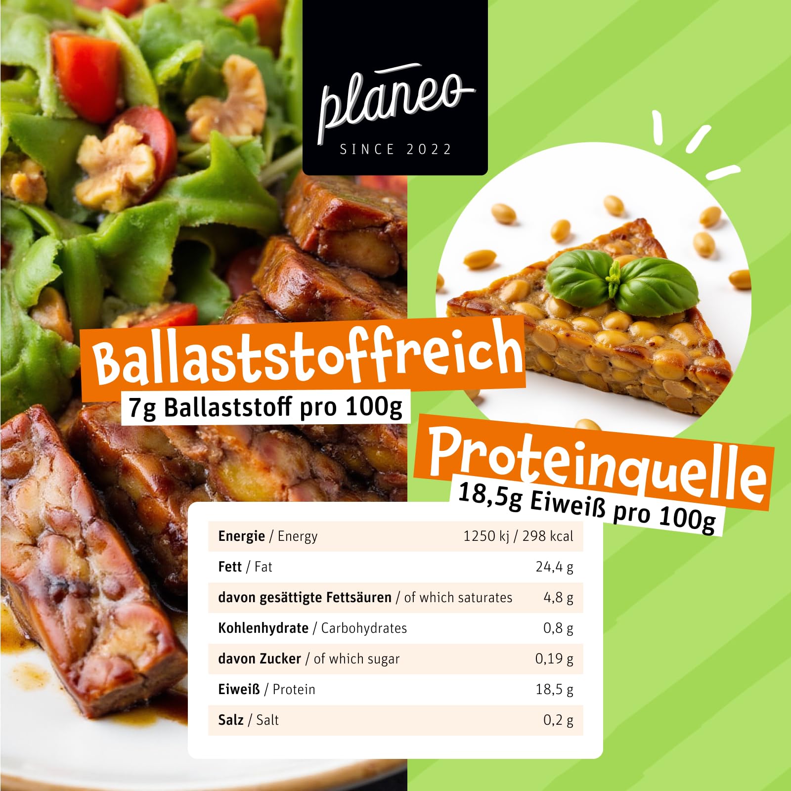 Planeo Tempeh Geräuchert 6x200g - Beste Qualität - Lange, ungekühlt haltbar - mild geräuchert - Soja aus der EU - Planeo (6 x 200g)