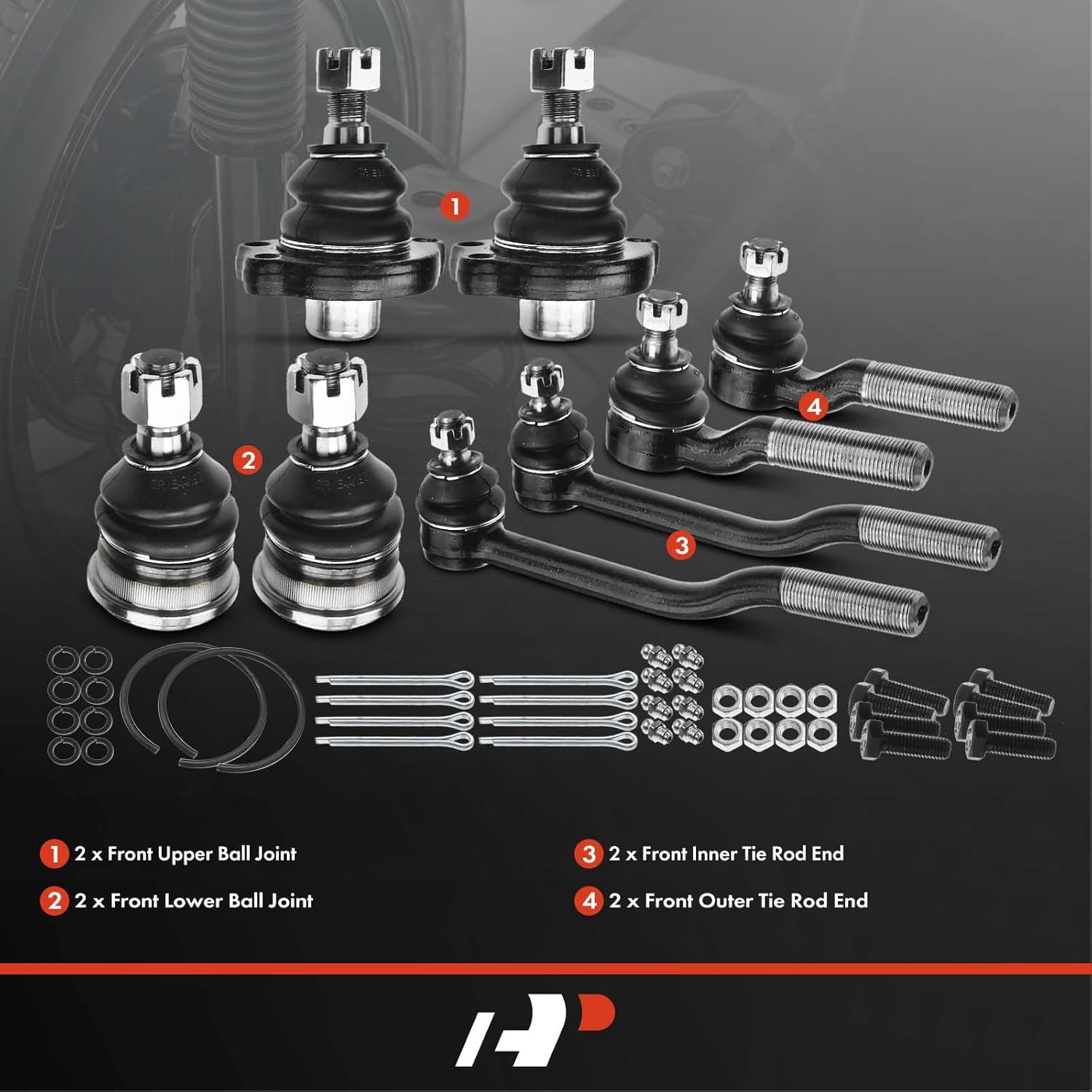 A-Premium Set of 8, Front Upper & Lower Ball Joint, Inner & Outer Tie Rod End, Compatible with Nissan Pickup 1995-1997, D21 1986-1994, RWD Only