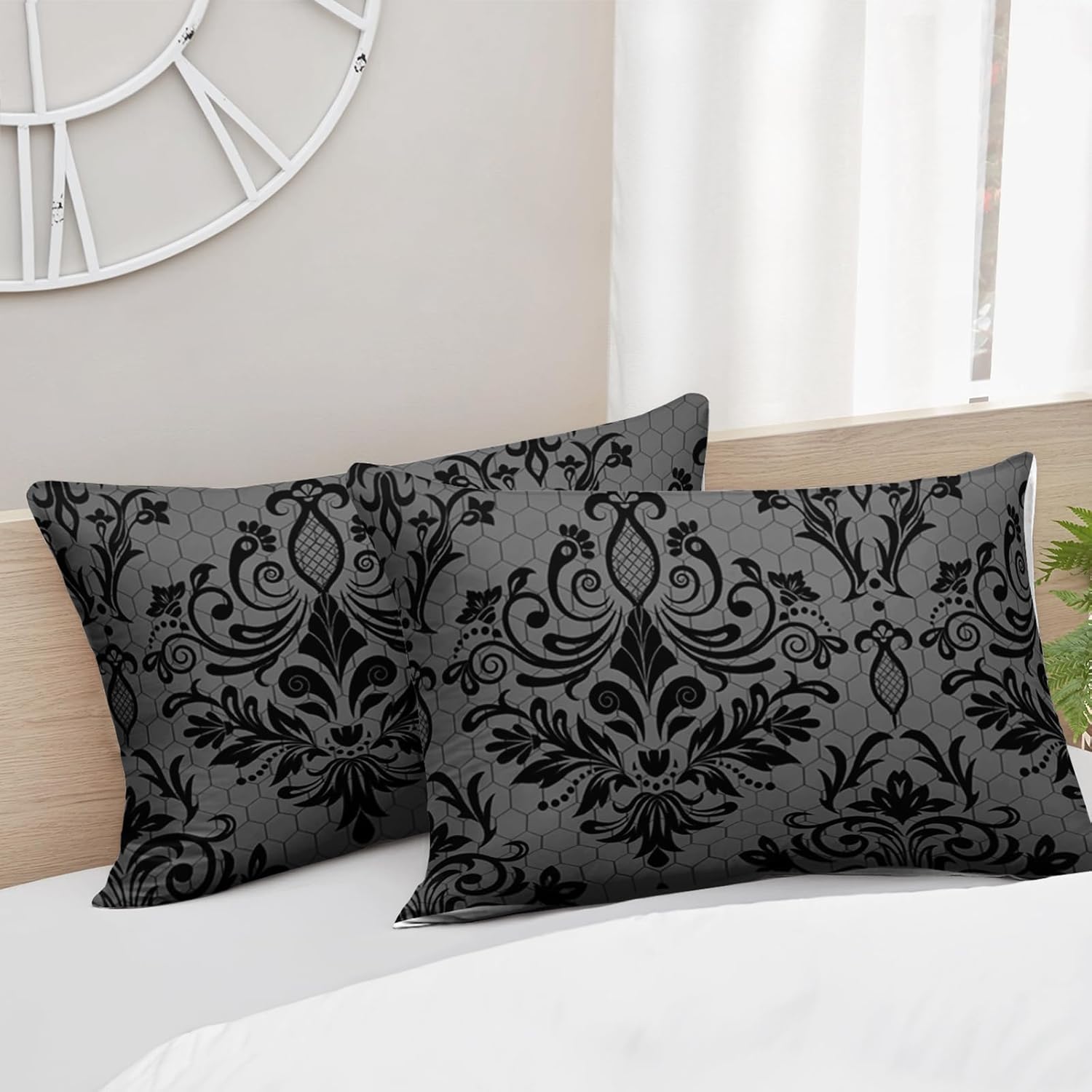 Black Gothic Floral Print Comforter Set Queen Size,Vintage Damask Floral Bedding Set,Bohemian Exotic Printed Quilted Set for Teens Adult,with 1 Comforter and 2 Pillow Case - Image 3