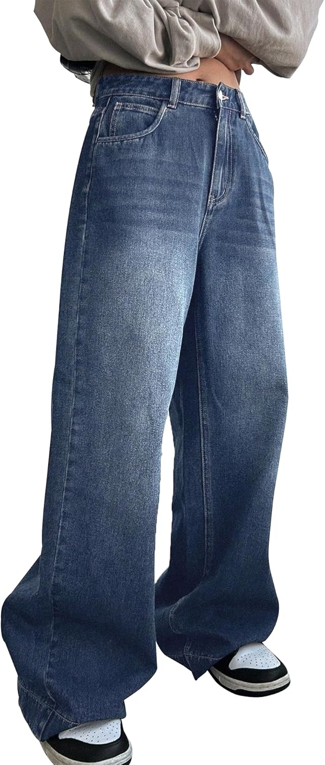 Women's High Waist Baggy Jeans 90s Grunge Boyfriend Wide Leg Denim | Y2K Vintage Loose Fit in Medium/Retro Dark Blue Wash