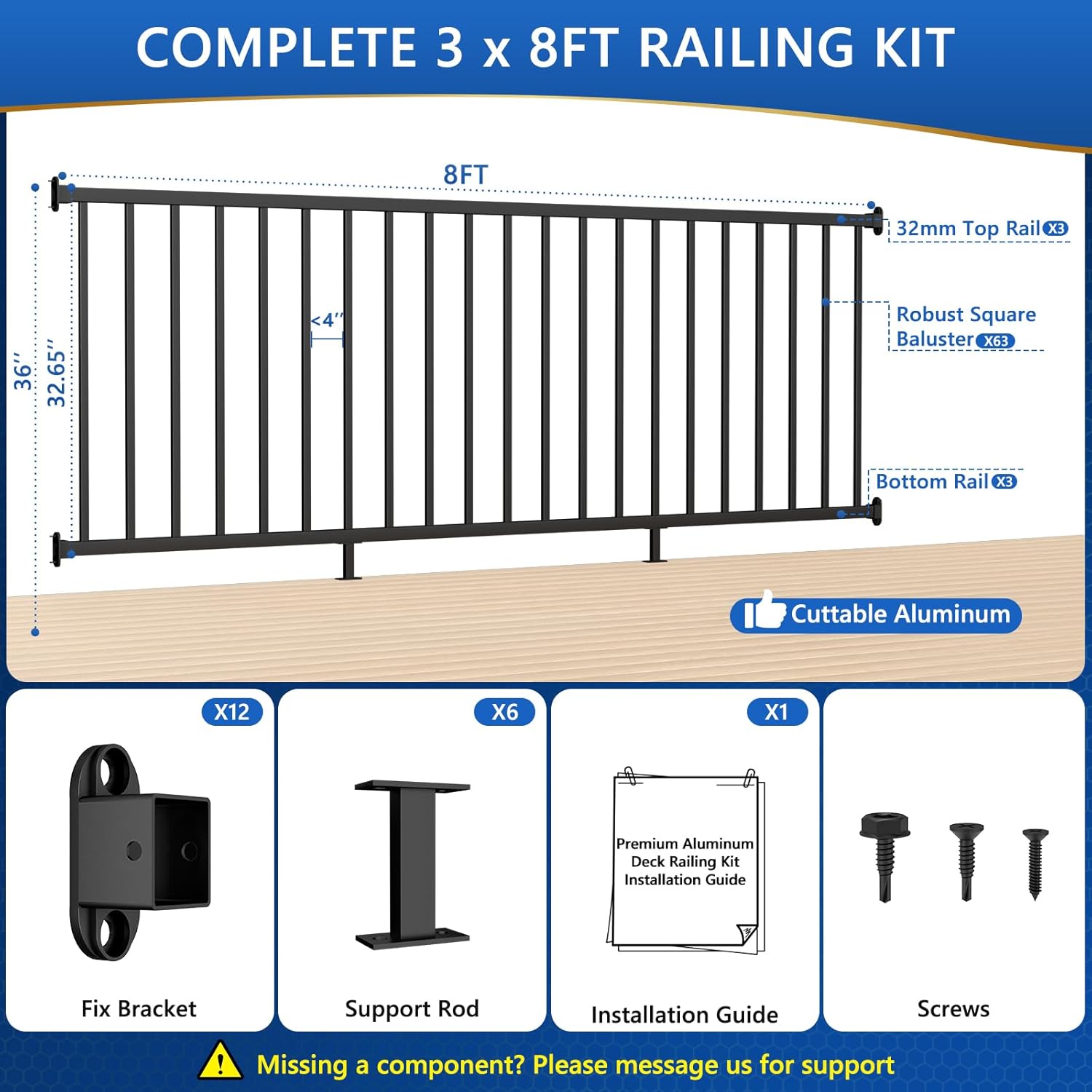 3 Pack W.8ft x H.36in Aluminum Deck Railing Kit, Textured Matte Black AAMA 2604 - Coat Finish, Cuttable DIY Porch & Deck Rail System for Residential Outdoor Use (Without Post)