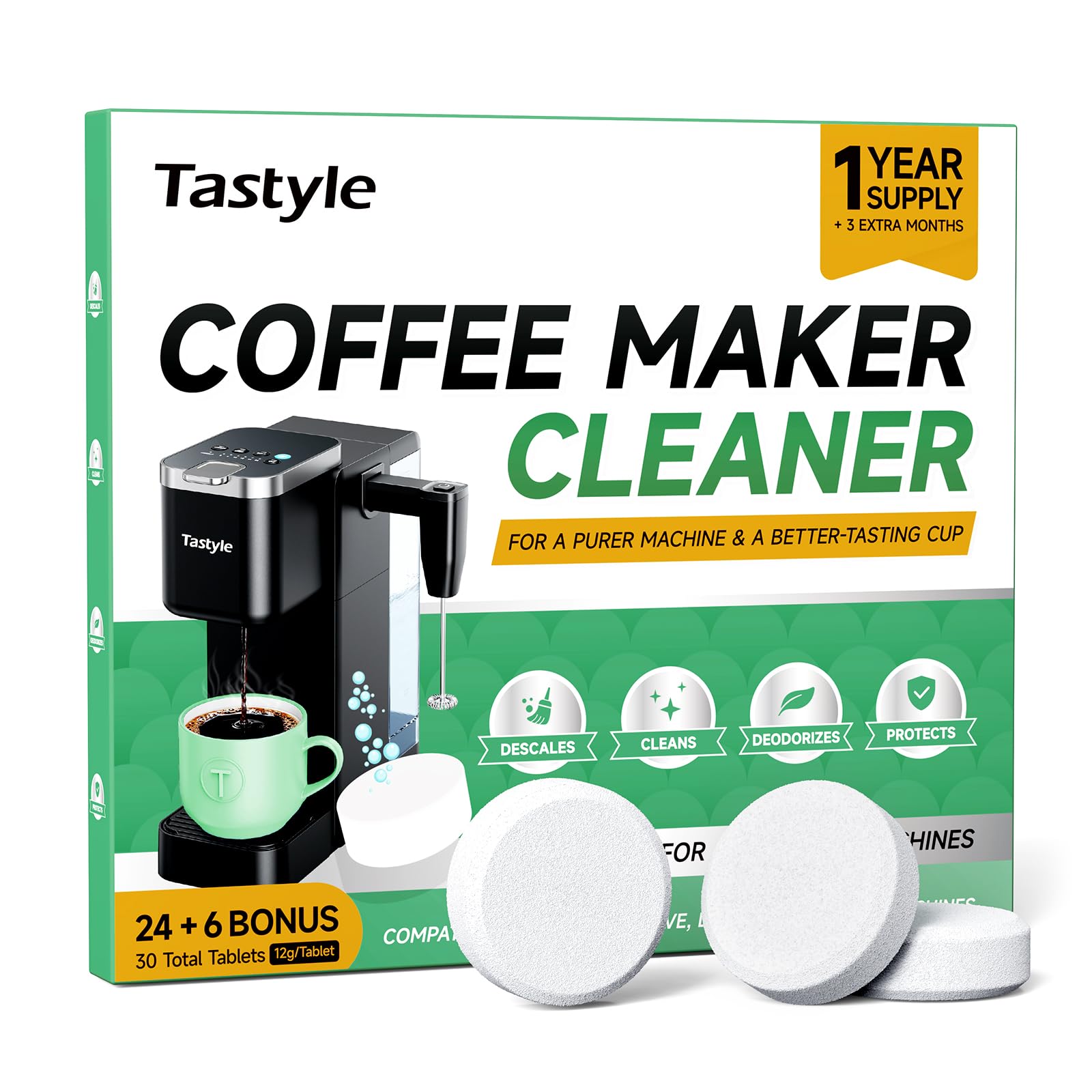 Tastyle Coffee Maker Descaler Cleaner Tablets - 30 Count, Remove Limescale | Compatible with Keurig, Ninja, Nespresso, Breville, BLACK+DECKER, Keep Coffee Taste, Powerful & Safe Formula, D305