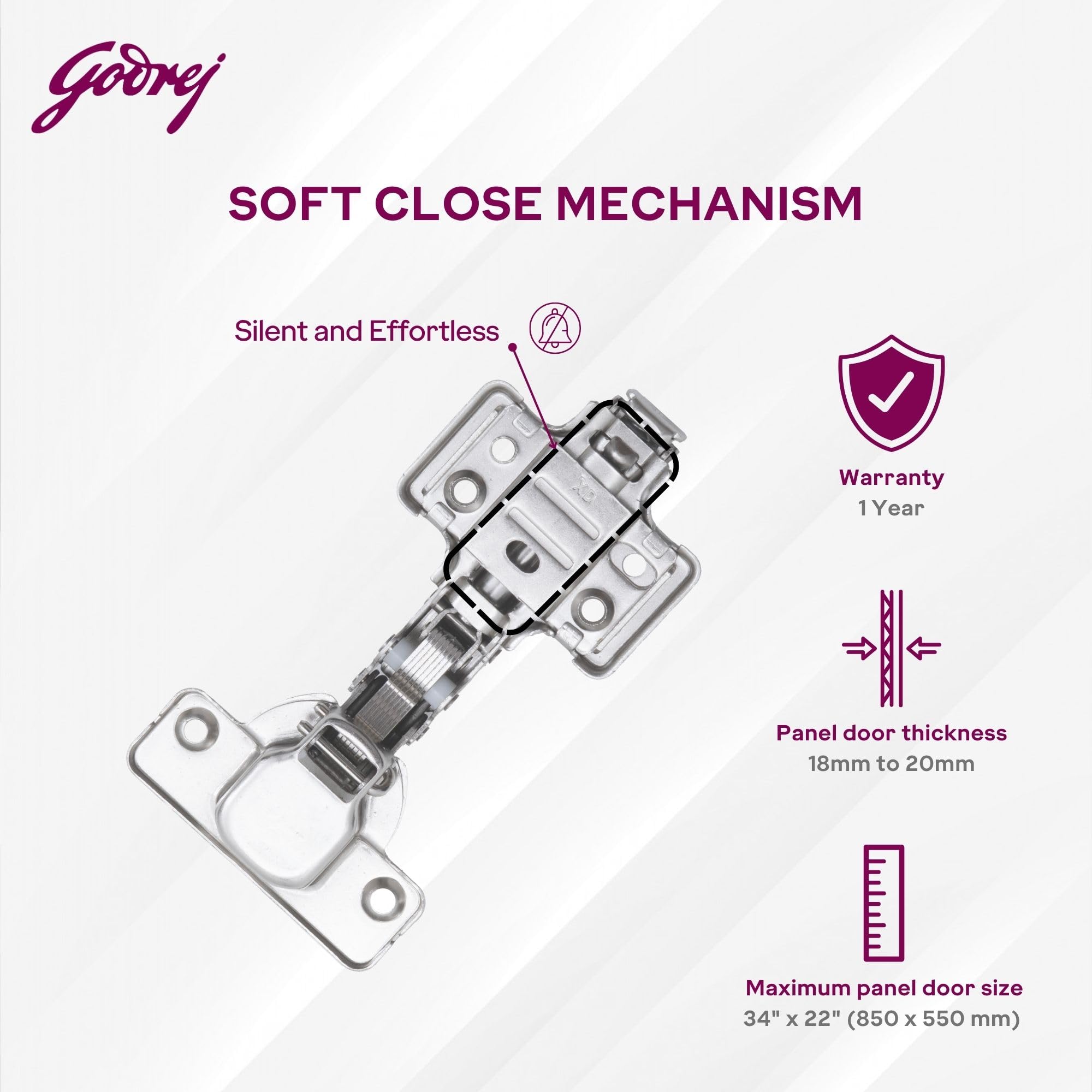 Godrej Cabinet Hinges | Soft Close | Clip On 3D | 4 Hole Full Overlay | Suitable for 14-20 mm Thick Panel | 105° Opening | Wardrobe, Kitchen, Bathroom | 1 Year Warranty — Amazon image 3