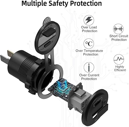 Miniatura 6 de Qidoe Paquete de 2 cargadores de coche PD3.0 20W y QC3.0 18W USB C con voltímetro LED e interruptor de encendido/apagado para barco, RV, camión,