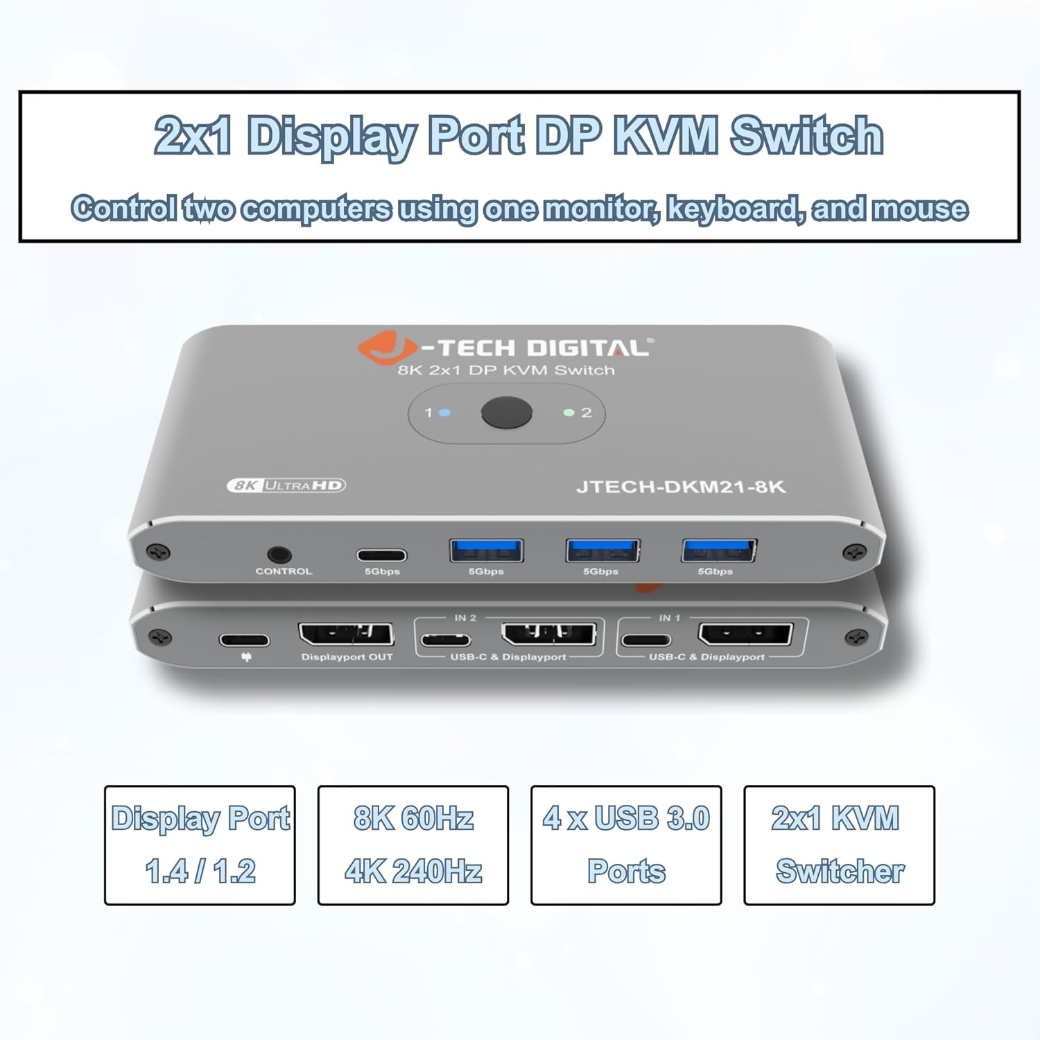 J-Tech Digital 8K DisplayPort 1.4 KVM Switch 2 Computers 1 Monitor, 8K@60Hz / 4K@240Hz Dual PC DP KVM Switcher with 4 USB 3.0 Ports (3 USB-A + 1 USB-C), Includes DP & USB Cables [JTECH-DKM21-8K]