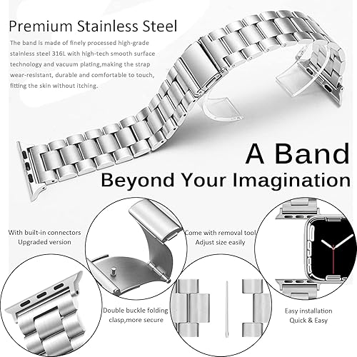 Vista 10 de Miimall Compatible for Apple Watch Series 9/8/7 41mm Bands Stainless Steel with Cases Cover Slim Hard PC Fit Case Stainless Steel Wristband Metal