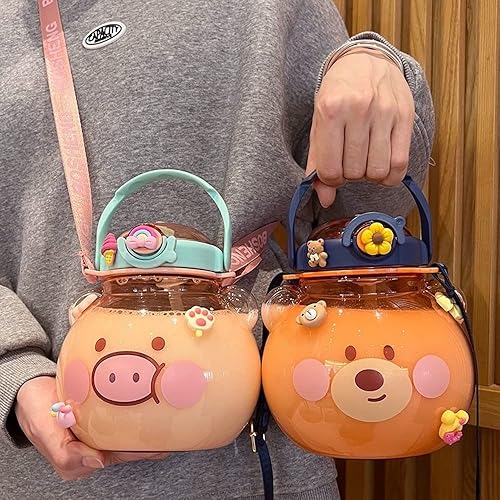 Miniatura 4 de Botella de agua grande Kawaii con correa y calcomanías de resina, botella de agua de 48 onzas con pajilla, botella de agua portátil redonda para