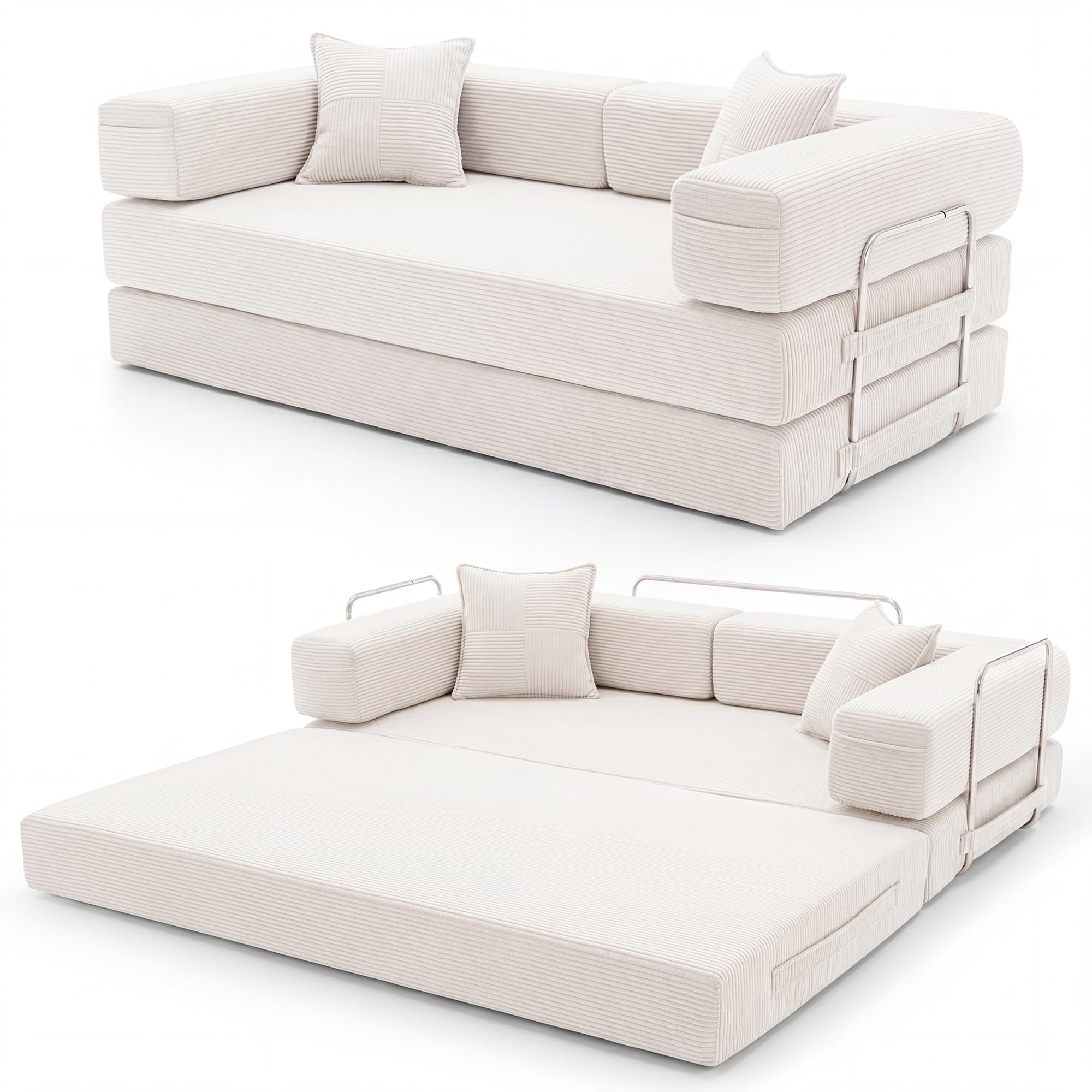 YINIX Składana Sofa 3-osobowa Łóżko Gościnne 200cm XXL, Modułowa Sofa Podłogowa ze Sztruksu z Metalową Ramą, Antypoślizgowa, Zmywalna (Biały, 200cm (3-osobowa))