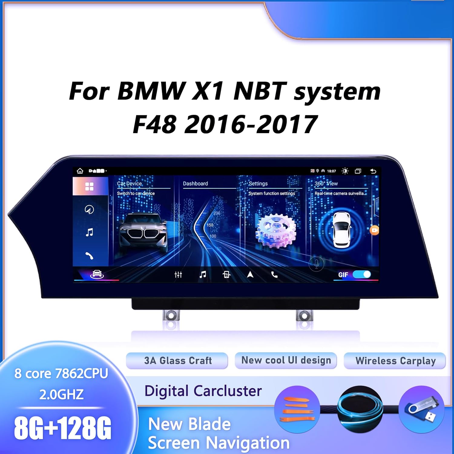 12.3-inch car Radio, Multimedia Video, Stereo, GPS Navigation Suitable for BMW X1 (NBT System) 16-17, Android 13.0 Wireless Player, CarPlay Auto Bluetooth, Original System retained,（8+128G）