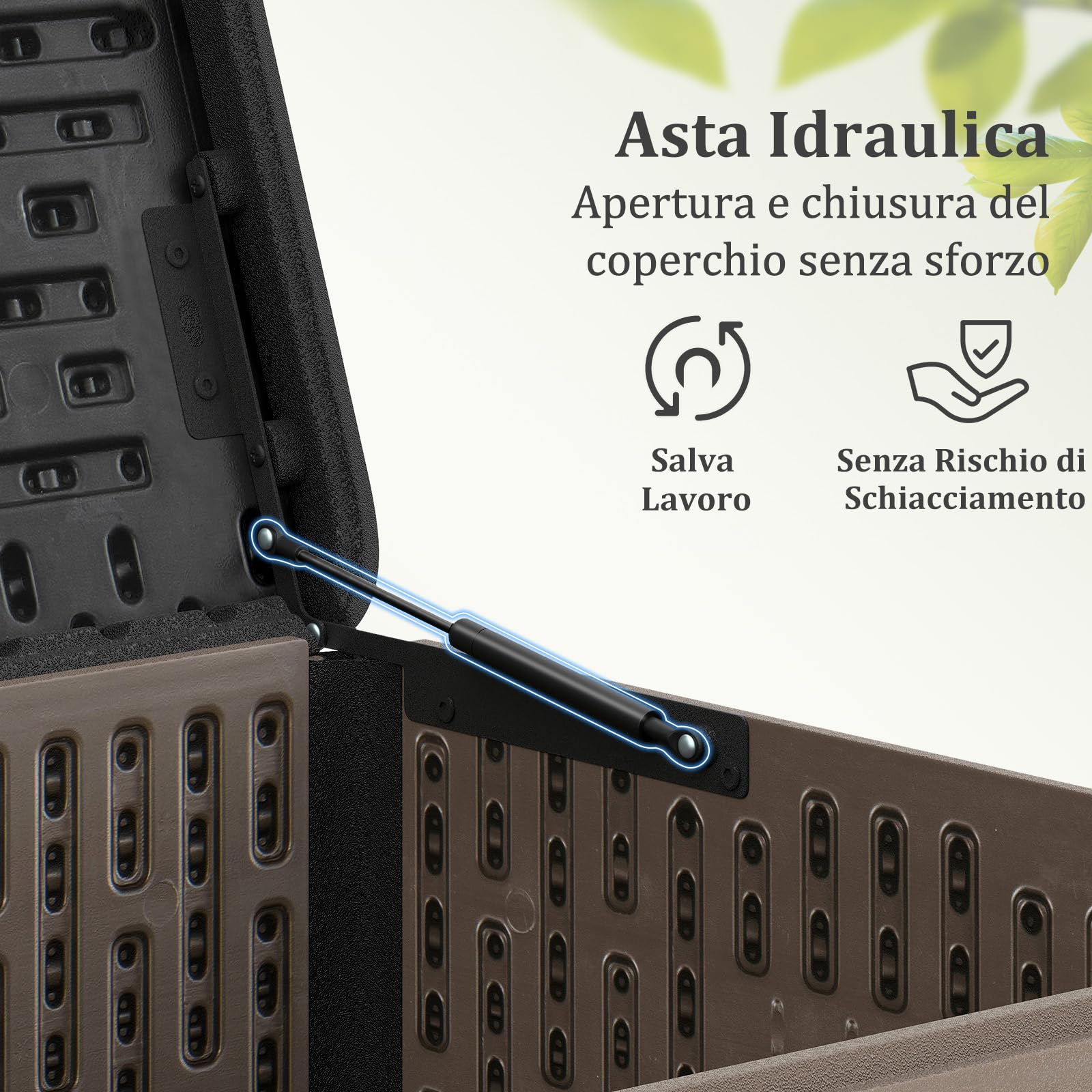 COSTWAY Baule da Esterno 378 L, Cassapanca Contenitore Impermeabile in Resina con Pistoni a Gas, Coperchio Bloccabile, Salvaspazio per Giardino, Cortile e Piscina, 130 x 64 x 59 cm (Marrone+Nero)