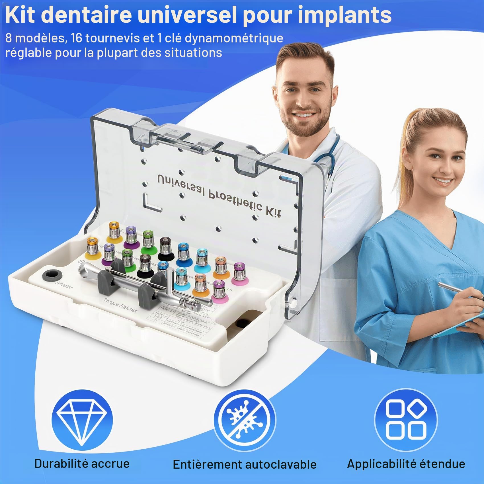 Kit universel de clés dynamométriques pour implant dentaire avec tournevis à cliquet réglable à couple réglable, 16 pièces, entièrement autoclavable, 10-70 Ncm, sécuriser/démonter les restaurations