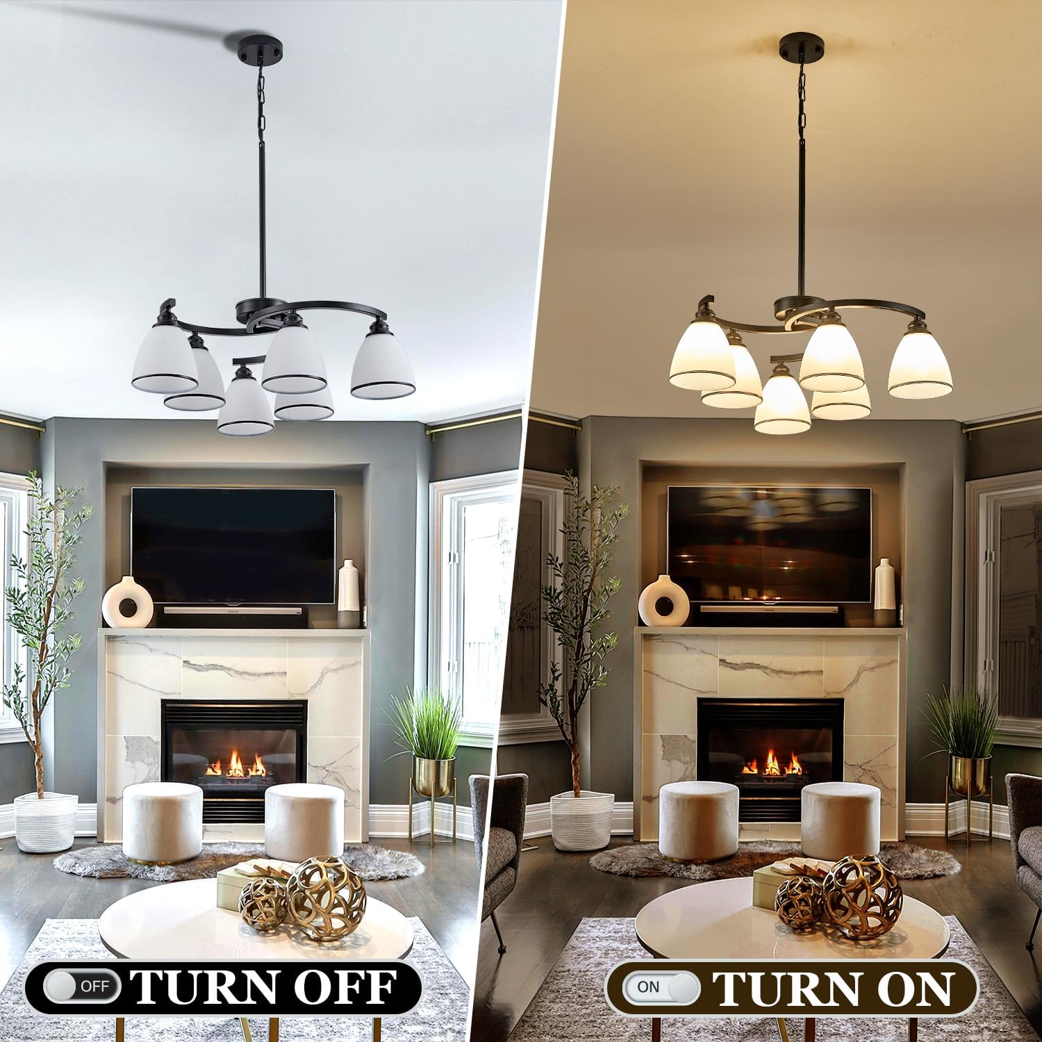 6-Light Modern Chandelier Light Fixture for Dinner Room, Matte Black Hanging Lamp with Frosted Milk White Glass Lampshade, Adjustable Height Pendant Ceiling Light for Island Entryway Office Bedroom