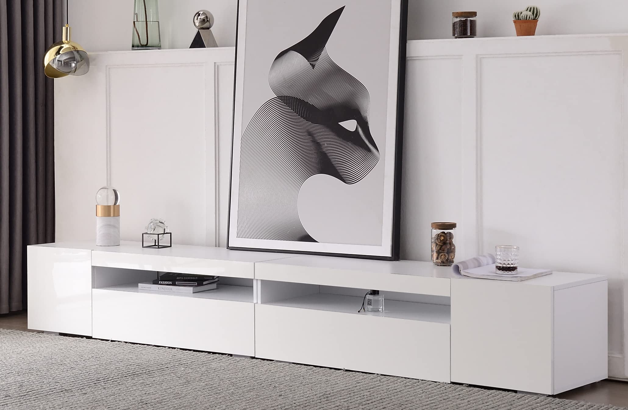 Kebnor Mueble de TV moderno blanco, panel brillante, iluminación LED variable, salón y comedor 240 cm (panel brillante, no brillante)