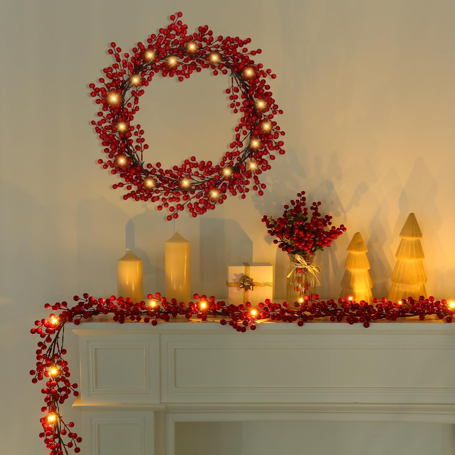 Joyhalo 2 Pack 8.8FT Christmas Red Berry Garland with String Lights, Artifial Burgundy Berry Garland for Christmas Tree, Valentine's Day, Mantle, Fireplace, Window and Outdoor Holiday Decoration