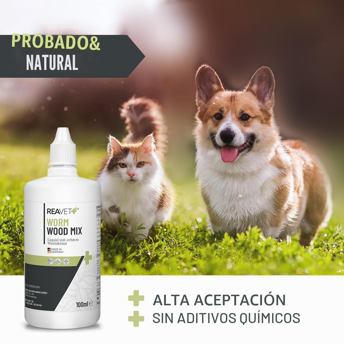 ReaVET Wurm-Kraut Líquido 100ml – para perros y gatos, con artemisa de gusano real (Artemisia Absinthium) en fórmula de plantas basada en receta, adecuado para todas las mascotas