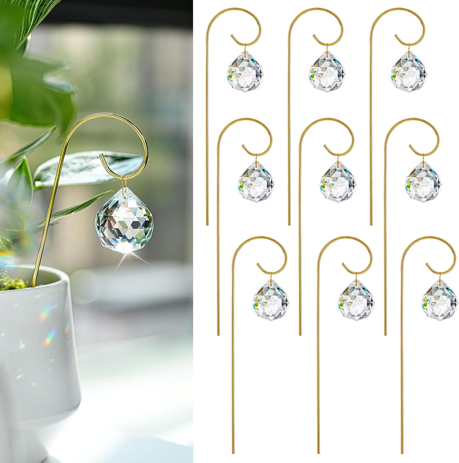 HDCRYSTALGIFTS Gold Plant Trellis with 30mm Crystal Suncatchers: Best for Potted Plants & Fairy Gardens