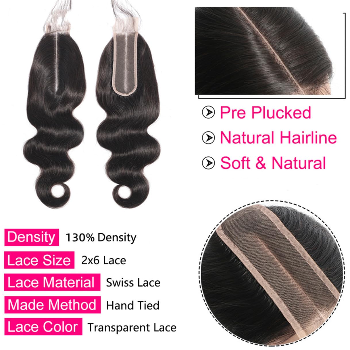 Brazilian Body Wave 2x6 Lace Closure 100% Unprocessed Human Virgin Hair Pre Plucked Wet and Wavy Pre-Plucked Hairline Frontal Closure Natural Black With Baby Hair (2x6 body wave closure, 20inch)
