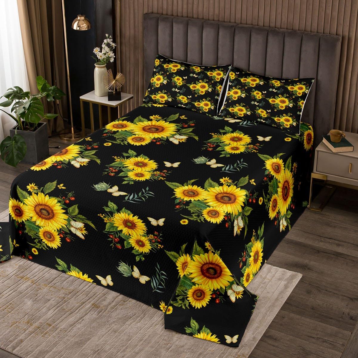Erosebridal Sunflower Quilt Set King, Butterflies Bedspread Set for Adult Men Women, Spring Garden Flowers Coverlet Set, Floral Botanical Leaves Berry Bed Set, Yellow Green Black