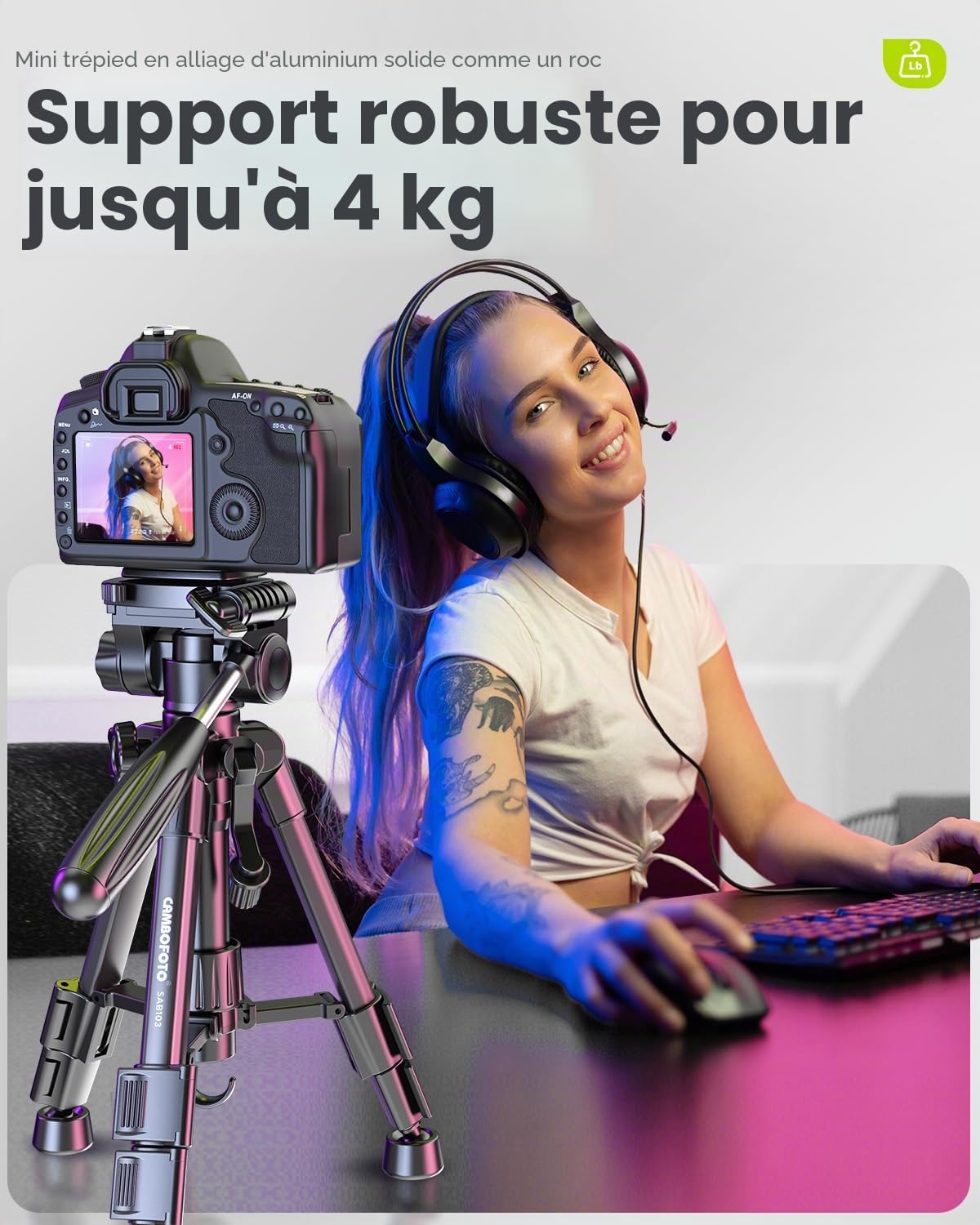 CAMBOFOTO 62cm Mini Trépied, Trépied de Table tête tridimensionnelle, Léger et Portable pour Voyage, Tête 3D Panoramique, Charge 2kg, Sac de Transport
