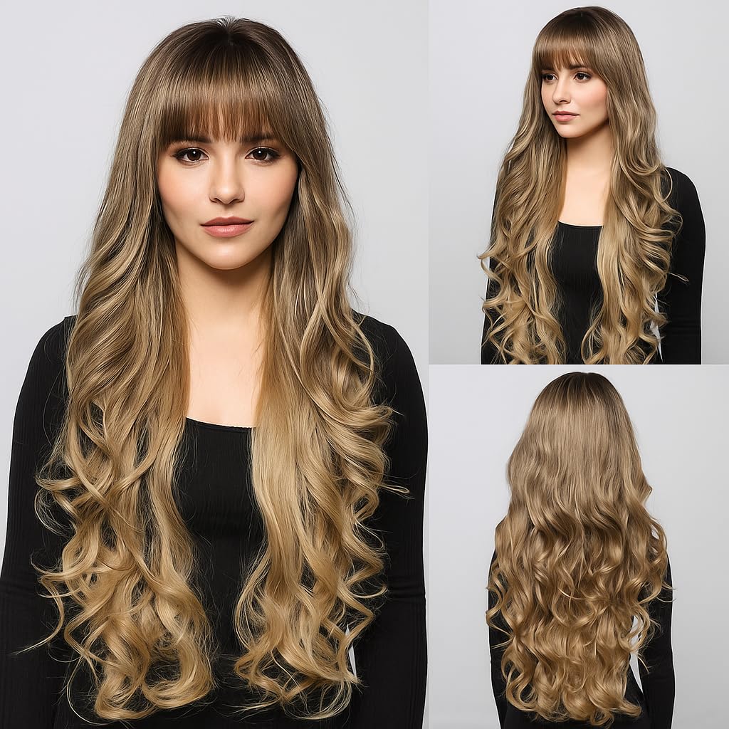 30 Inches Golden Brown Wigs With Bangs for Women – Natural Looking Synthetic Wig with Soft Long Wavy Hair, Heat Resistant Fiber, Daily & Cosplay Use Style 009