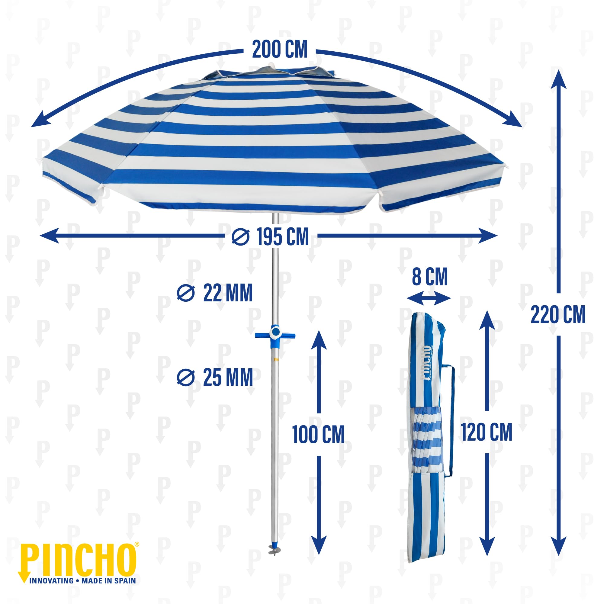Pincho Large Beach Umbrella 200 cm Wind-proof up to 35 km/h, Aluminium, 8 Fibreglass Ribs, Weight 1.6 kg