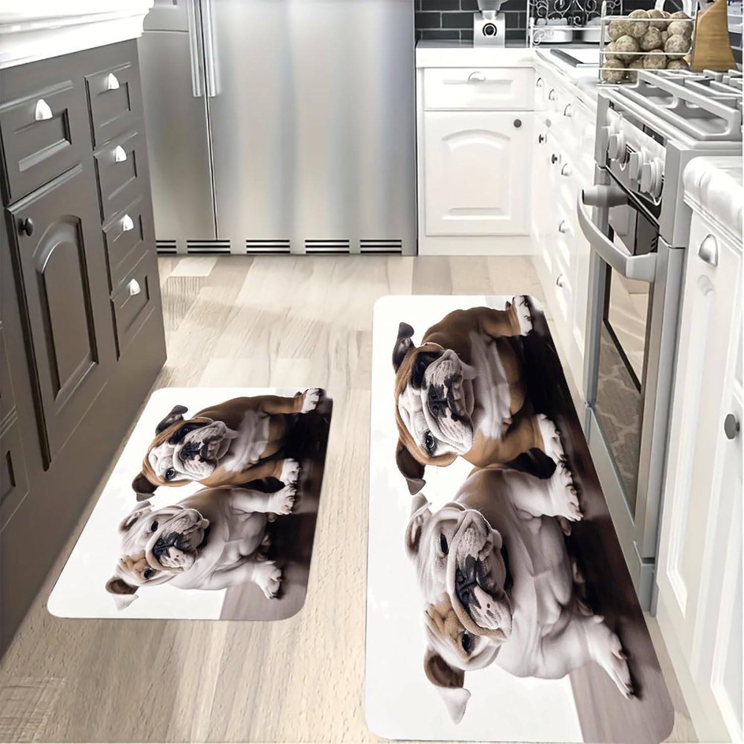 Two Cute Bulldog Dogs Kitchen Mat Washable Non Slip Rugs Soft Kitchen Mats for Floor Set of 2 PCS Cushioned Absorbent Runner Standing Rugs for Home Sink Laundry Office
