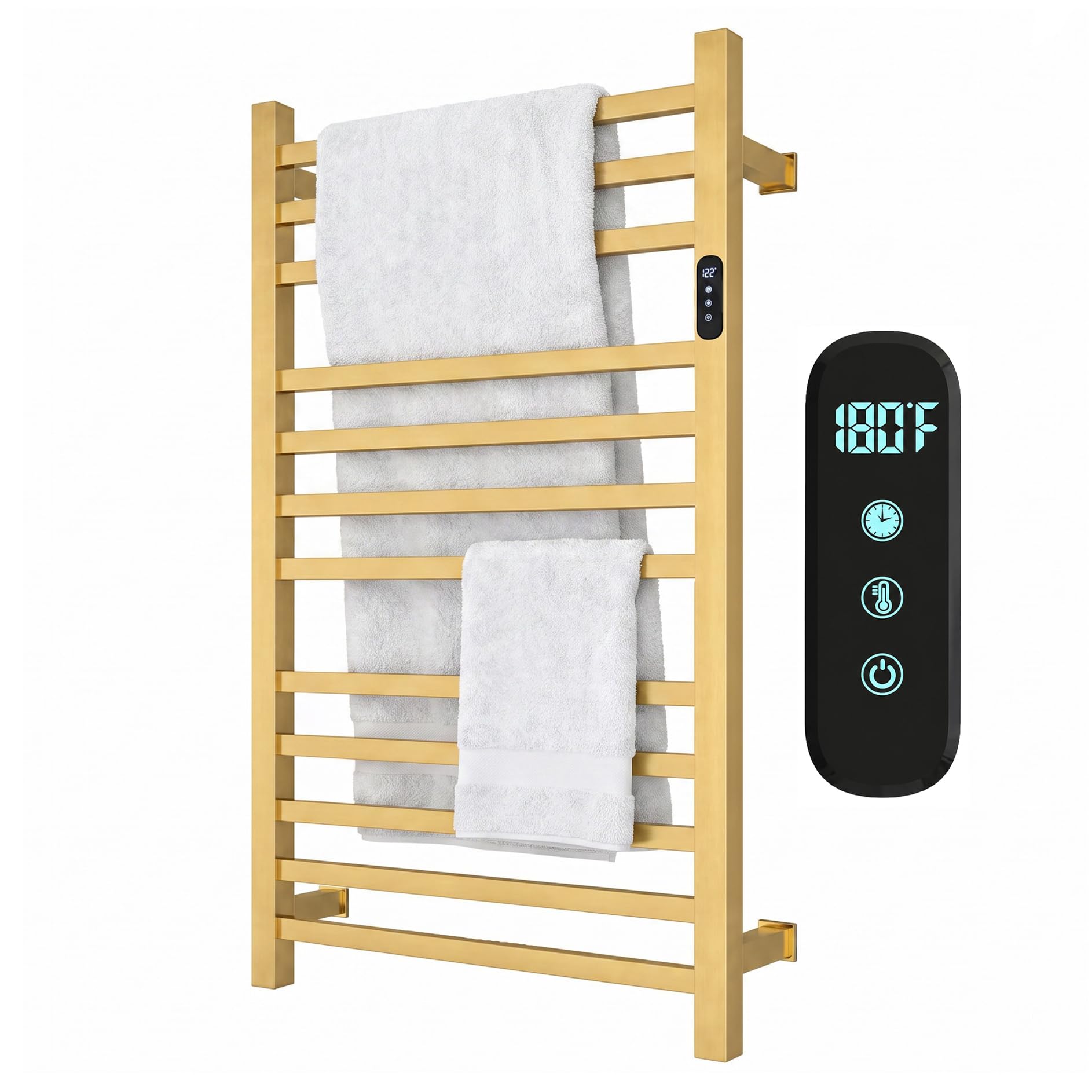 Luxury Gold Heated Towel Racks for Bathroom, Wall Mounted Electric Towel Warmer Rack with Timer &amp; Fahrenheit Temperature Control, 12 Bar Stainless Steel Towel Heater for Bathroom(Brushed Gold)