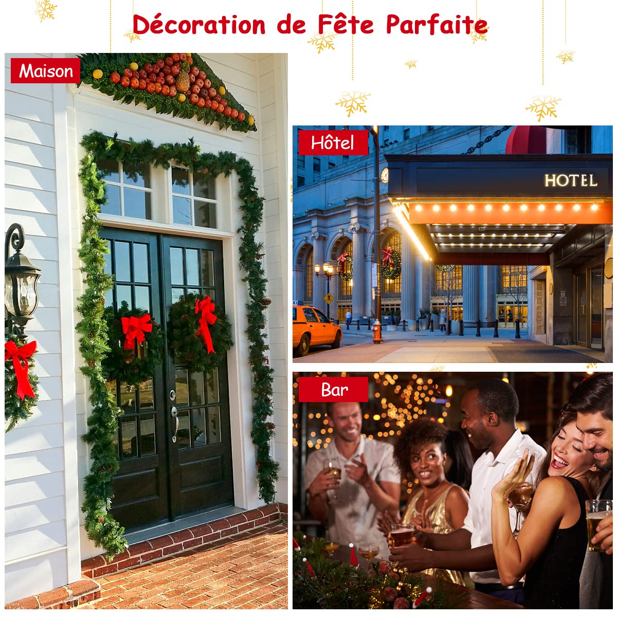 DREAMADE Guirlande Sapin Artificiel 270CM avec 100 Lumières LED, Couronnes de Noël Lumineuse en PVC et PE avec Pommes de Pin&Baies Rouges, Décoration Idéale pour Porte, Fenêtre, Escalier, Cheminée