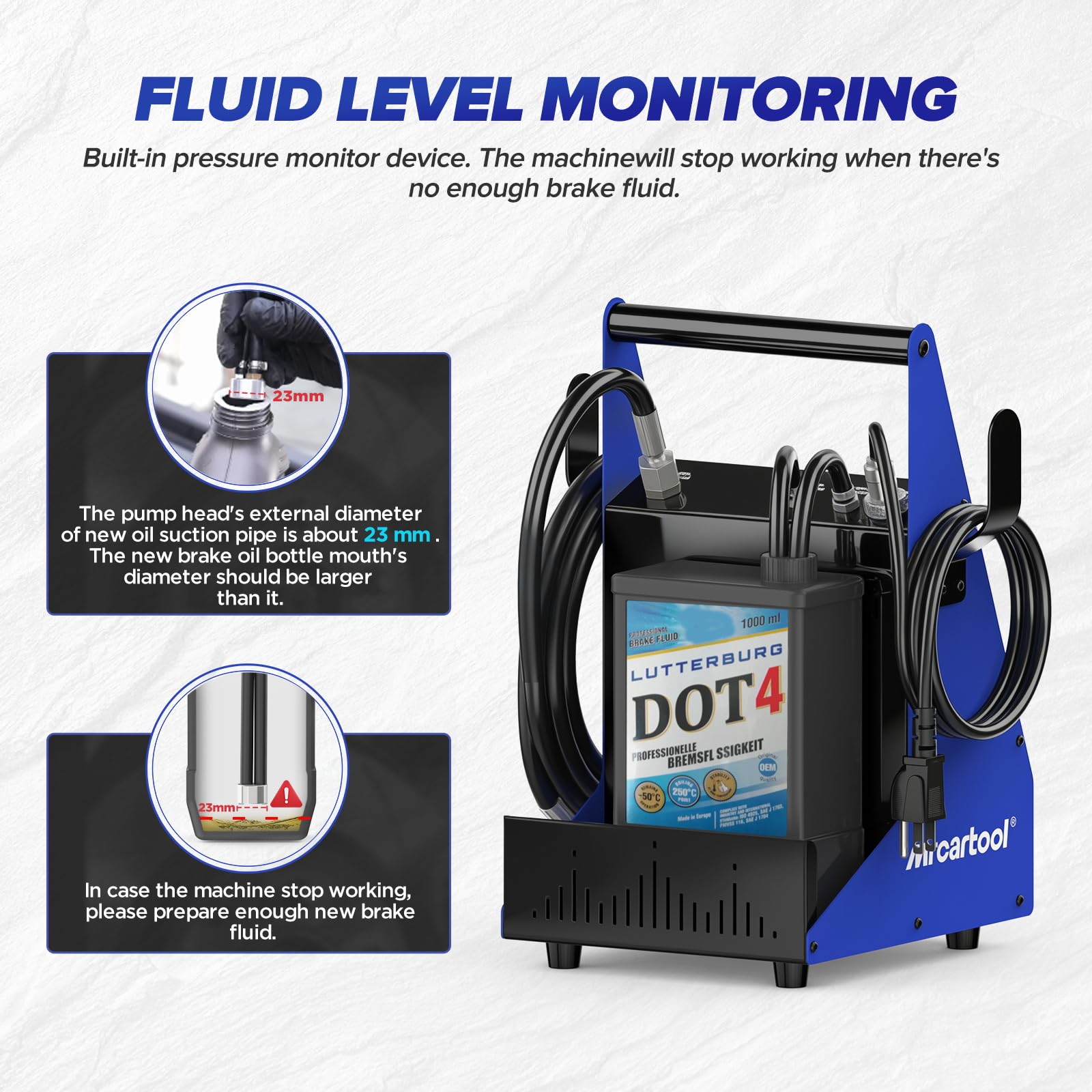 MRCARTOOL F109 Equipo de Purga de Frenos Automático Pulsante 220V para Automóvil, Kit Automático para Cambio de Líquido de Frenos con 3 Adaptador para Cilindro Maestro, Presión Ajustable 0.5~2.5Bar