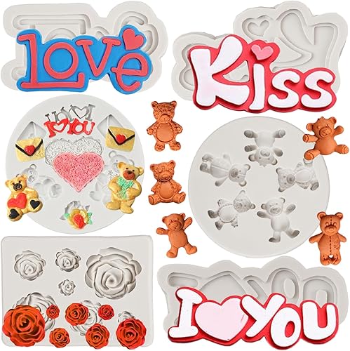 Molde de fondant para el día de San Valentín, molde de silicona con forma de oso de corazón, rosa, amor, beso, letras para decoración de pasteles,