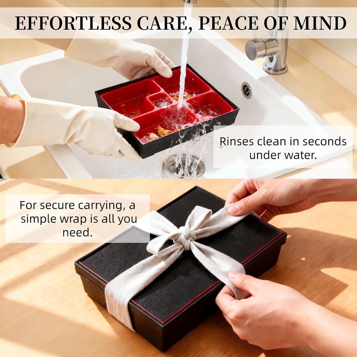 5 Compartment Japanese Bento Box with Removable Tray - Wood Grain Design ABS Food Container, 10.63x8.07x1.97 Inch, Portable Lunch Box for Office, Picnic, Sushi & (Red & Black) - Image 3