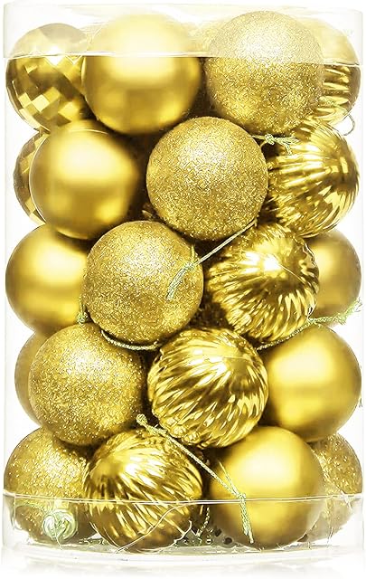 Shinee one Christmas Baubles Gold, 34PCS Gold Christmas Balls for Tree Decorations, Traditional Mini Xmas Baubles Decor Yellow Shatterproof Hanging Ornaments for Holiday and Party Decoration