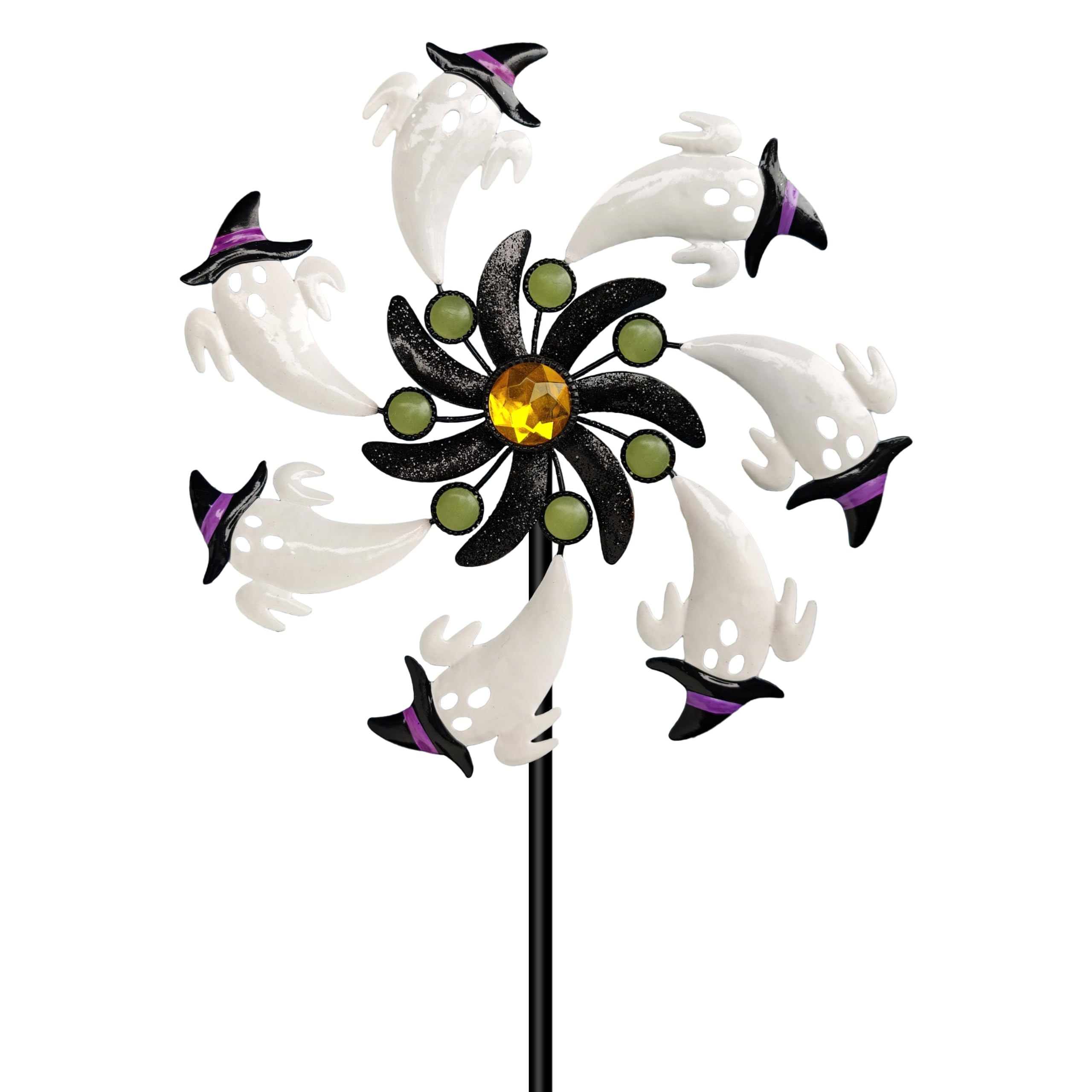 Halloween White Ghost Wind Spinner,39" Metal Yard Garden Stake Wind Sculpture,Cute Ghost with Witch Hat Kinetic Spinners,Outdoor Garden for Patio Lawn Halloween Party Decoration