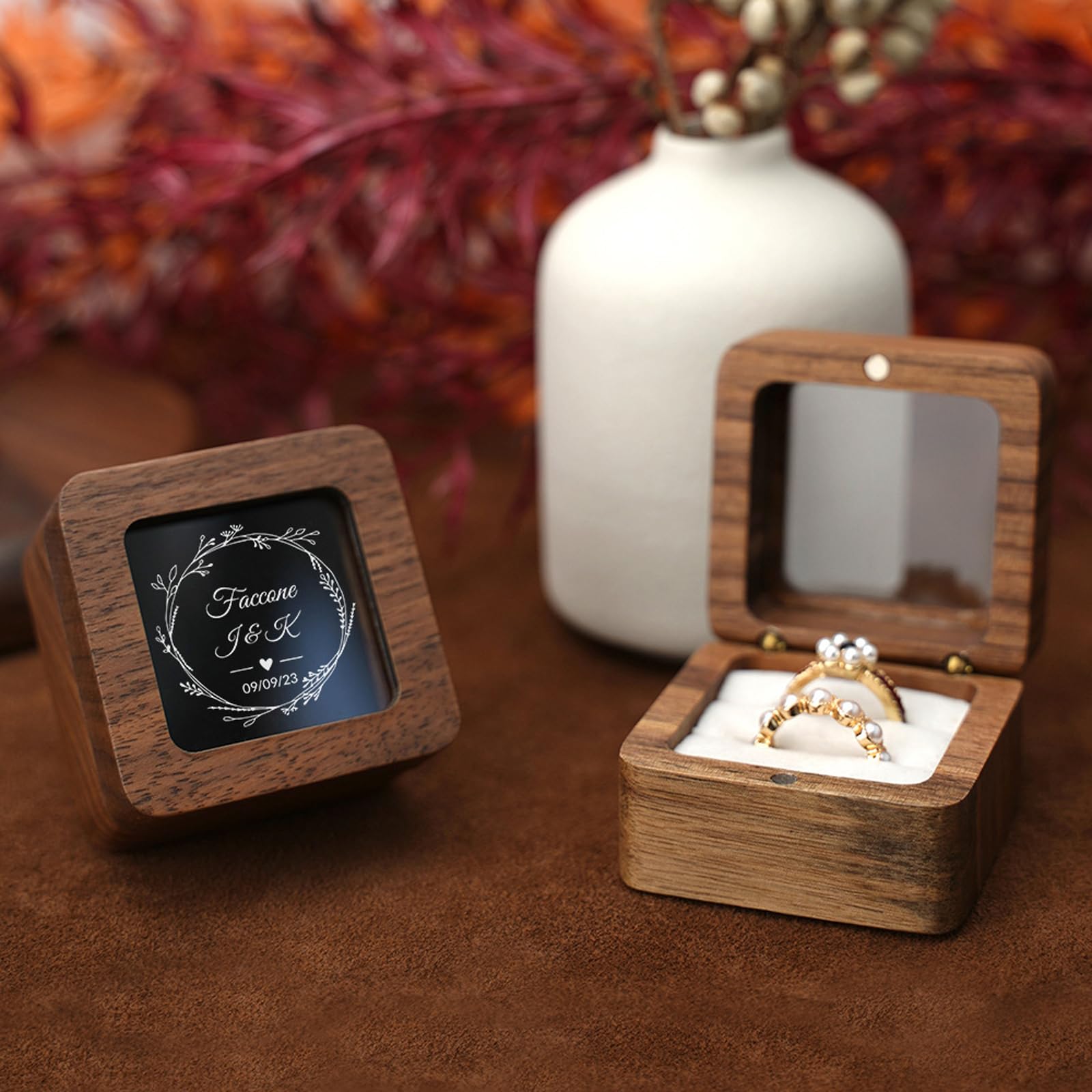 EIFLR Personalized Wooden Ring Box Wedding Day 2 and 3 Slots Custom Square Ring Boxes Ring Holder for Wedding Ceremony with Name & Date Engraved