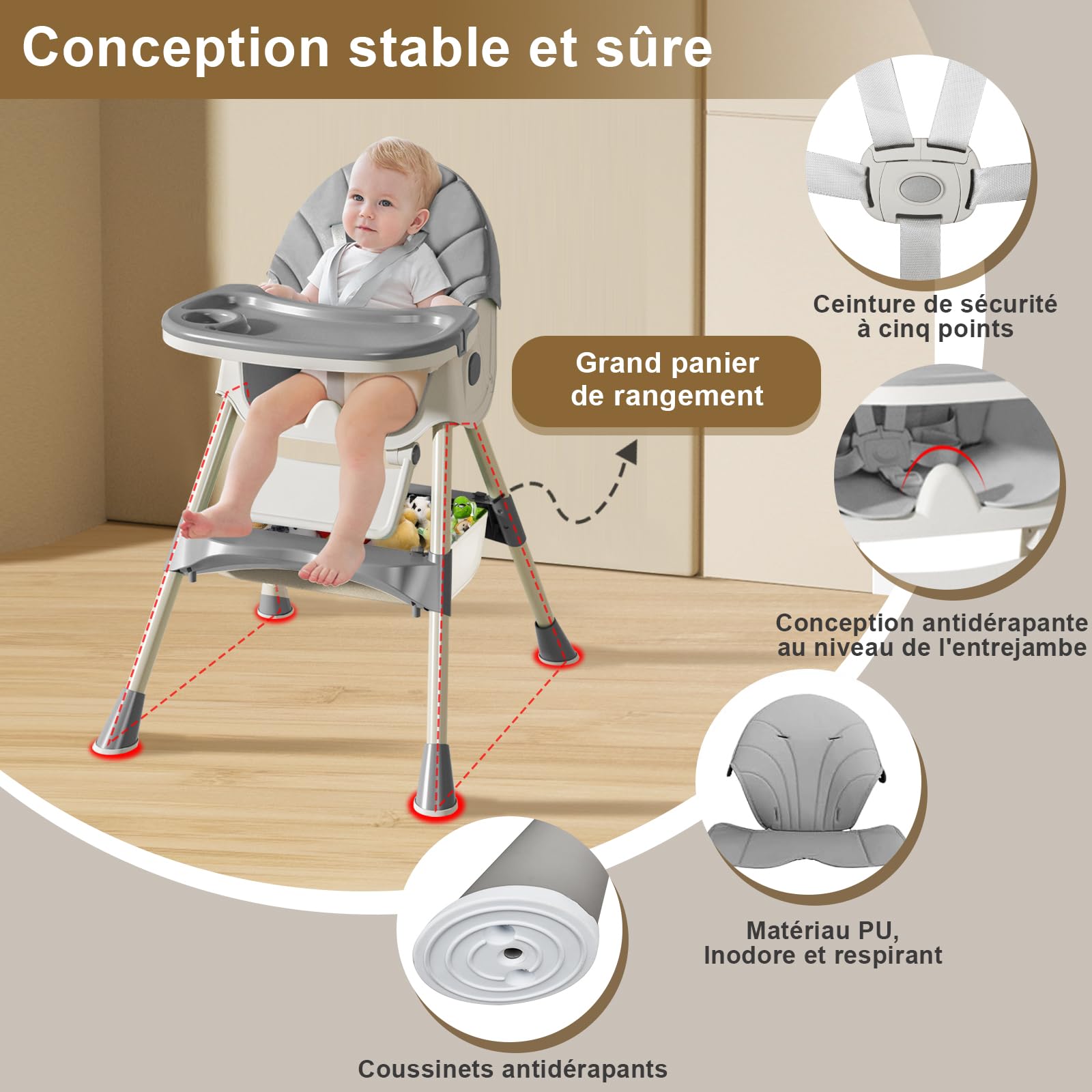 Chaise Haute Bébé Evolutive Pliable Chaise Haute 4 en 1, Double Plateau Détachable avec 4 Angles d'Inclinaison, 6 mois à 3 ans, Jusqu'à 15kg