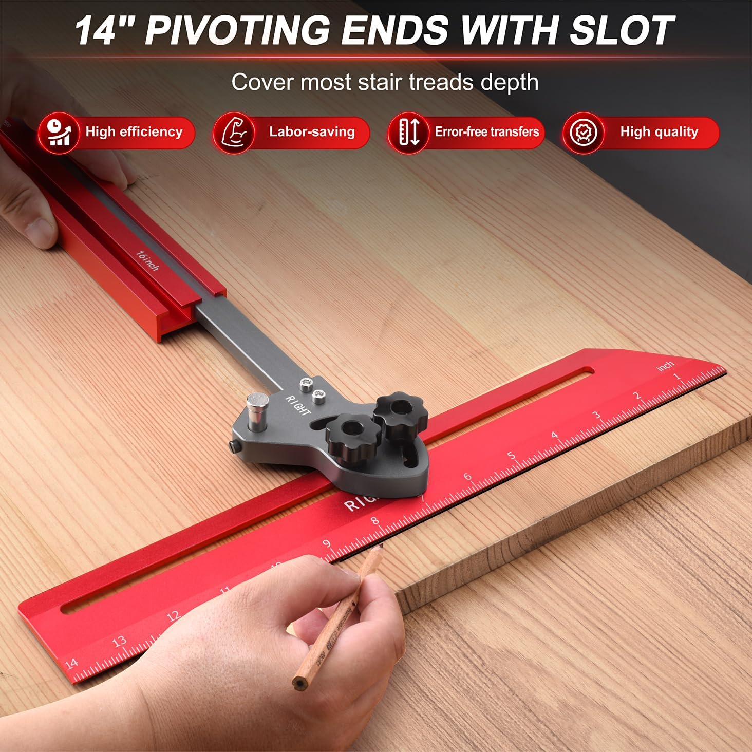 Portable Stair Tread Template Tool, Simple Assembly Stair Measuring Tool, Adjustable Bar Length from 23" to 64.2", Precision Stair Tread Jig with Dual Knobs and Stop Pins, 14" Pivoting Scale